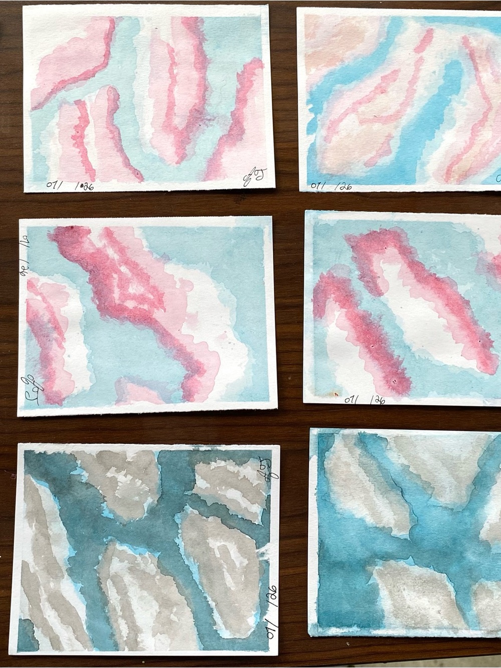 NEW HAND PAINTED - Abstract Watercolor Pink Blue,Gray Cards. 4 1/4in by 5 1/2